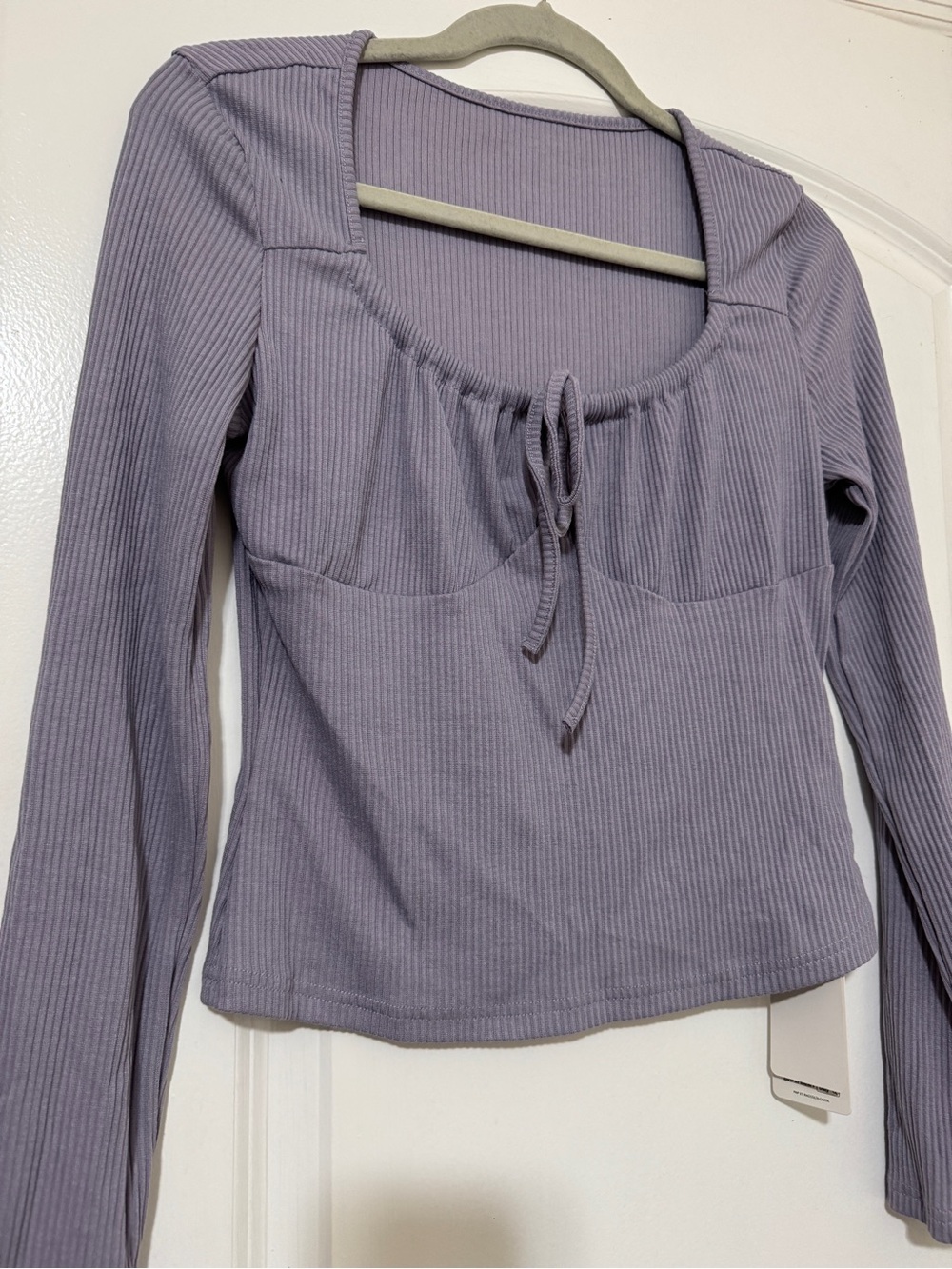 Ribbed Tie-Front Long Sleeve Top - Lavender